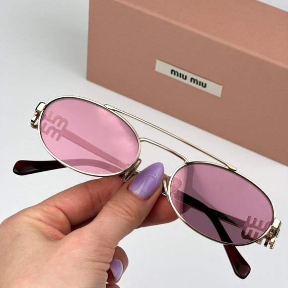 Miu Miu MU54ZS ZVN50D BRAND NEW Sunglasses Gold Pink Mirror Silver Pilot Unisex - Picture 3 of 14
